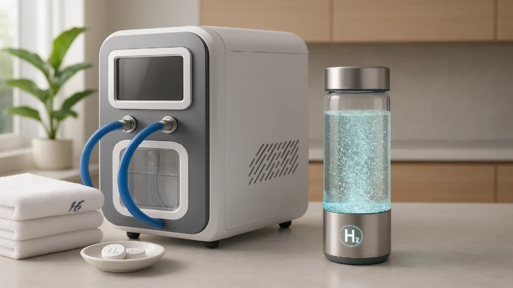 Best hydrogen water bottles and bath products for 2025 on display — PEM hydrogen generator, glowing hydrogen bottle, bath tablets, and spa towels in a modern kitchen