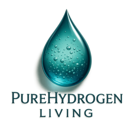 PureHydrogen Living logo featuring a teal water droplet with glowing hydrogen bubbles inside
