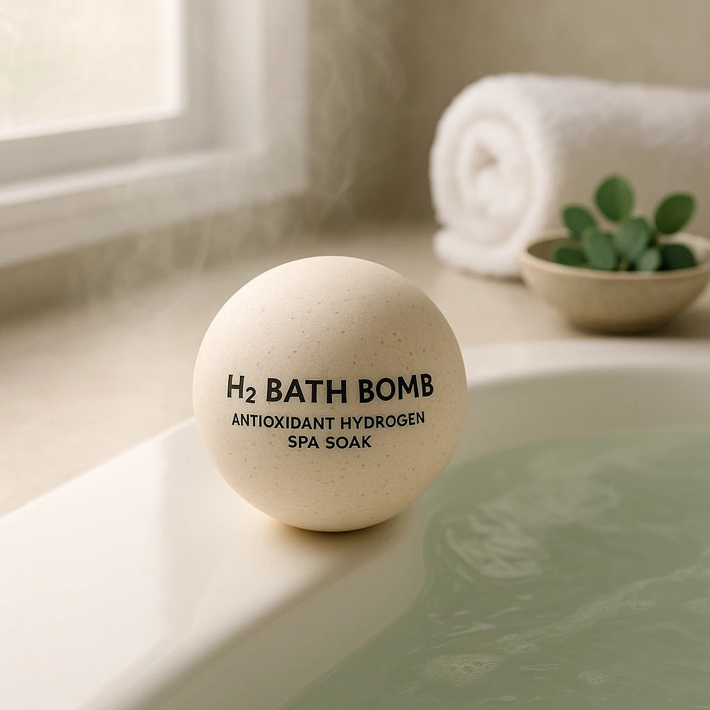 Hydrogen bath bomb on folded spa towel next to a filled soaking tub