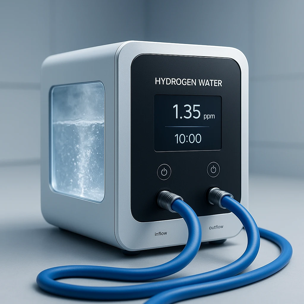 Hydrogen bath generator with tubing and control panel