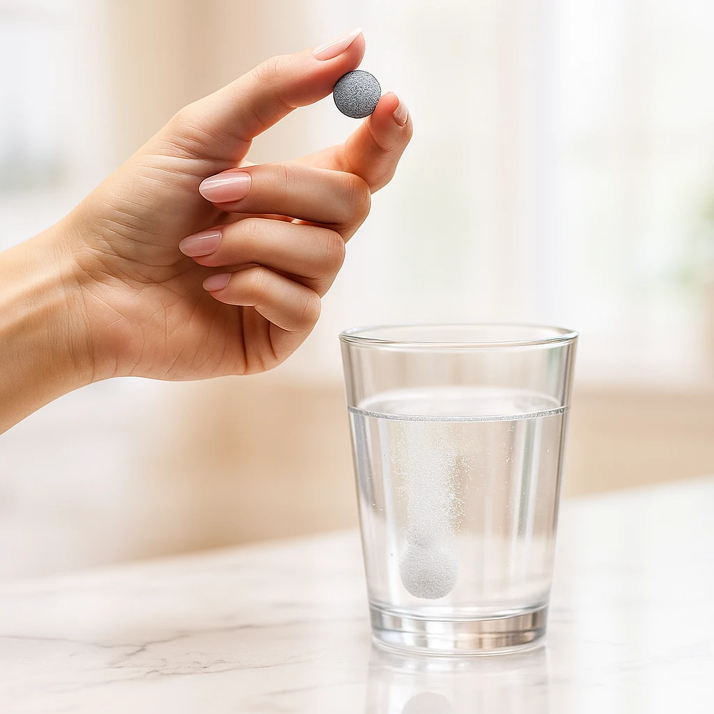 Hydrogen tablet dissolving in a clear glass with fine bubbles rising