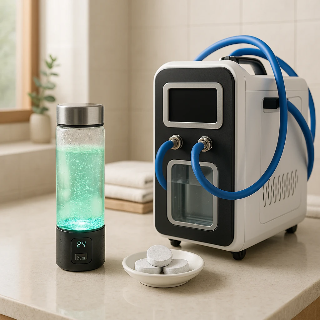 Hydrogen water benefits visual with bottle, tablets, and generator on a white marble counter in soft window light