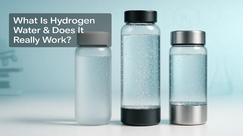 Three premium hydrogen water bottles on a clean white laboratory countertop, filled with crystal clear water and rising micro-bubbles, with a soft aqua background and faint molecular H₂ diagram, styled for science and wellness authority