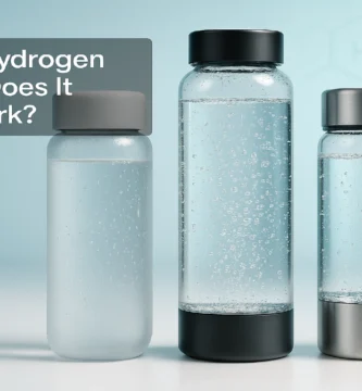 Three premium hydrogen water bottles on a clean white laboratory countertop, filled with crystal clear water and rising micro-bubbles, with a soft aqua background and faint molecular H₂ diagram, styled for science and wellness authority