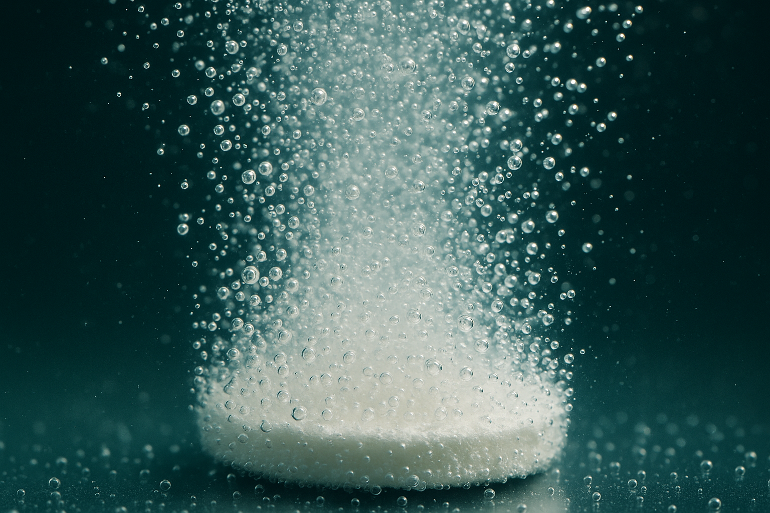 Macro close-up of a dissolving hydrogen bath tablet under water with fine micro-bubbles rising in a calm spa setting