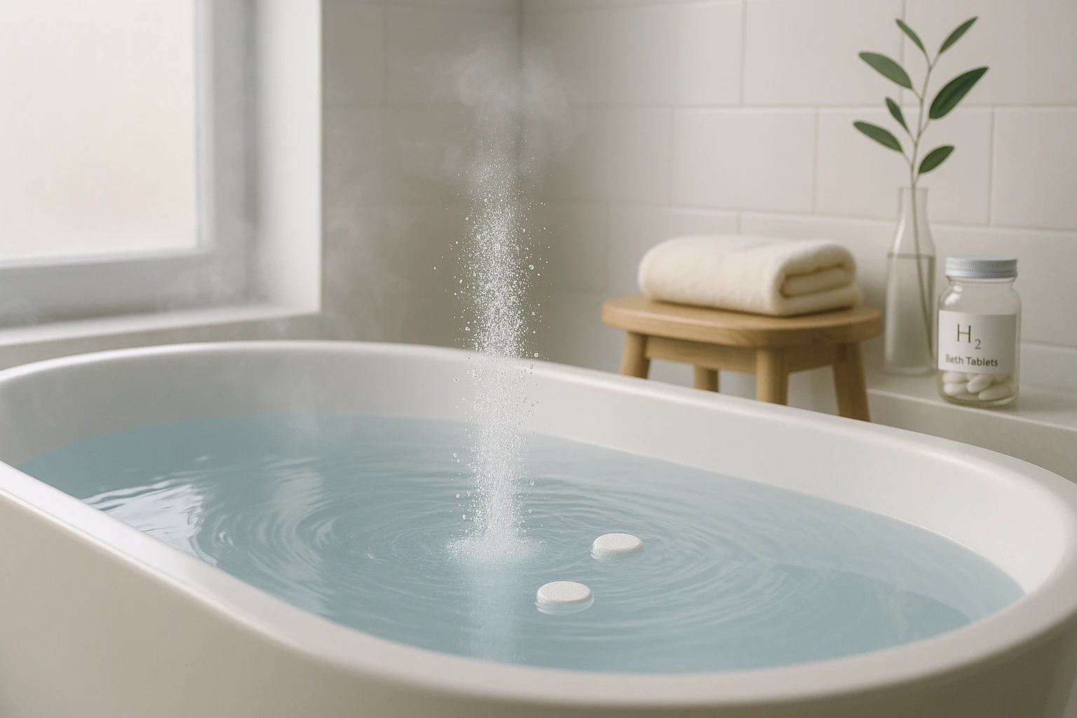 Hydrogen bath tablets dissolving in a modern white soaking tub, fine micro-bubbles rising, calm spa light, clean ceramic bathroom