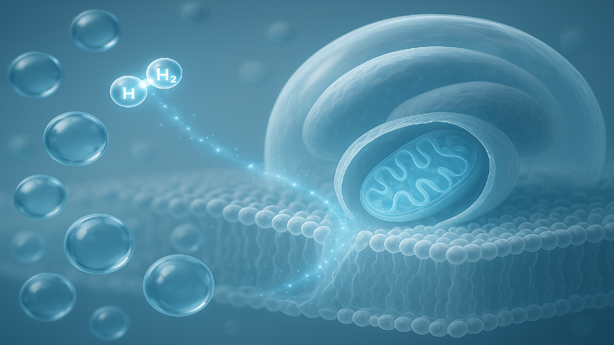Hydrogen Water benefits: Hydrogen molecules entering human cell and mitochondria cross-section