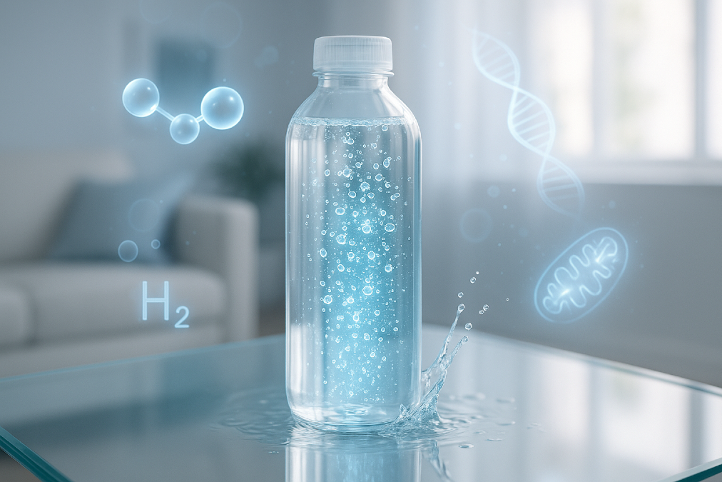 Feature image showing hydrogen water benefits with a crystal-clear bottle, glowing hydrogen bubbles, and scientific overlays for wellness and energy