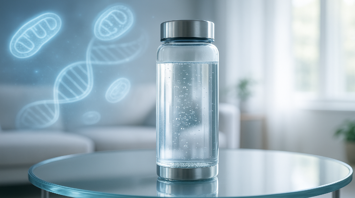 Hydrogen Water benefits: Hydrogen water bottle on glass table with glowing cellular energy overlay in bright living room